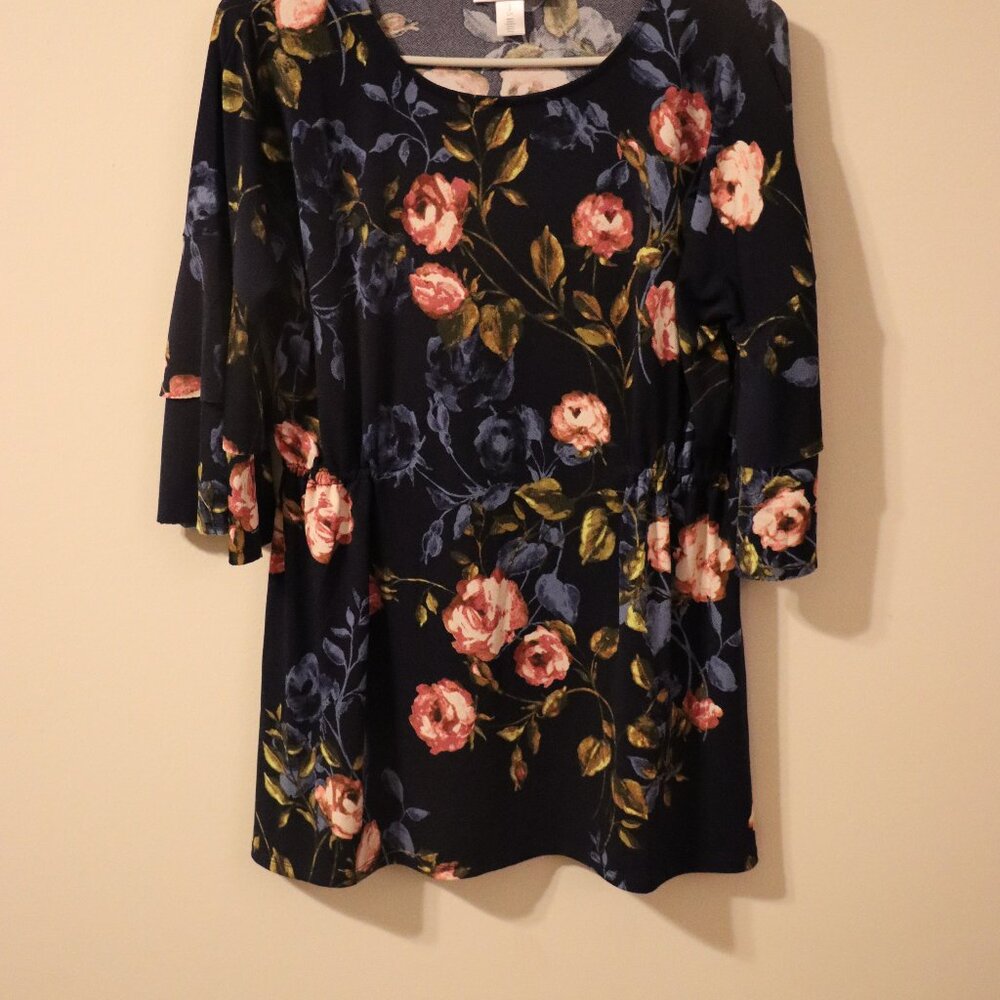 Motherhood 3/4 sleeve shirt, navy background with pink and blue flowers, formal - Picture 7 of 8
